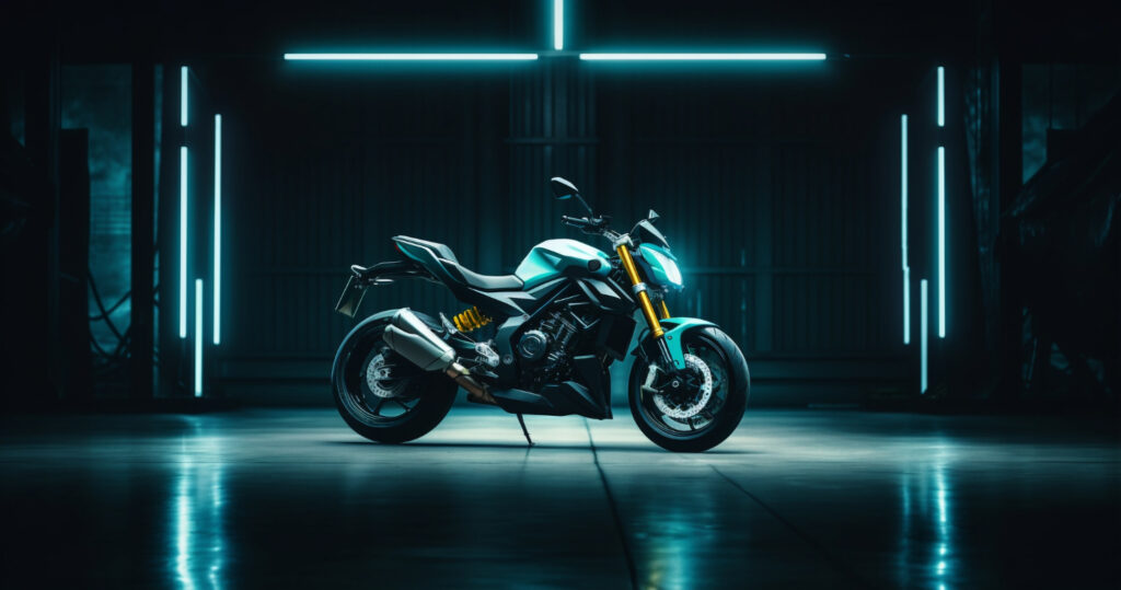 2024 World's Fastest Bikes Guide: A sleek, futuristic motorcycle with a vibrant blue and green color scheme stands under neon lights.