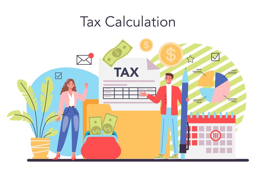 Two people discussing professional tax calculation